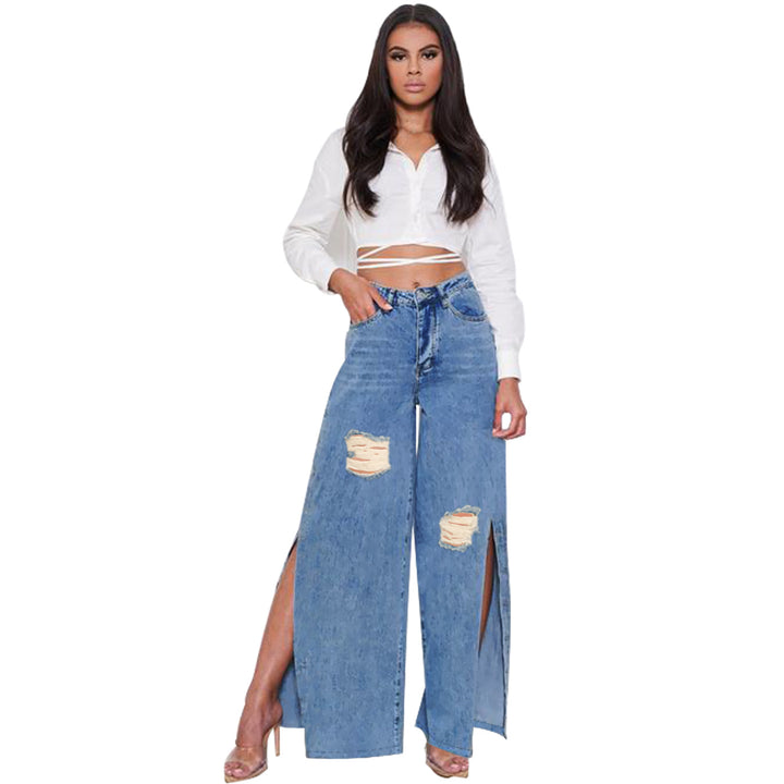 Damen hochgeschnittene Jeans mit weitem Bein, Knie-Rissen und seitlichen Beinschlitzen Drune