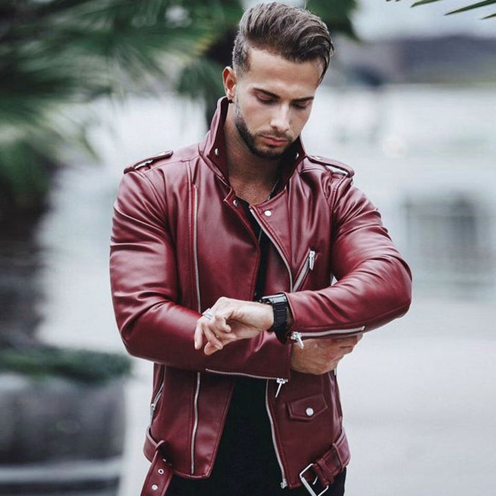 Herren nan stylische Bikerjacke aus Kunstleder mit asymmetrischem Reißverschluss und tailliertem Schnitt Drune