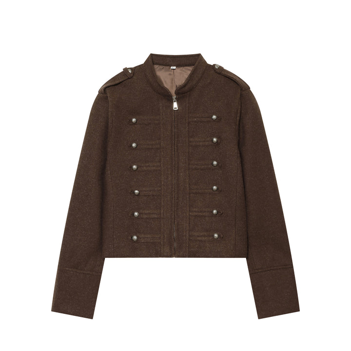 Damen nan militärisch inspirierte Wolljacke mit Stehkragen Zipper und dekorativen Knopfleisten Drune