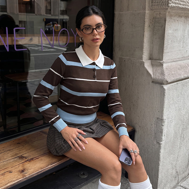 Damen Slim-Fit Polo-Strickpullover mit Retro-Streifen und kontrastierendem Hemdkragen Drune