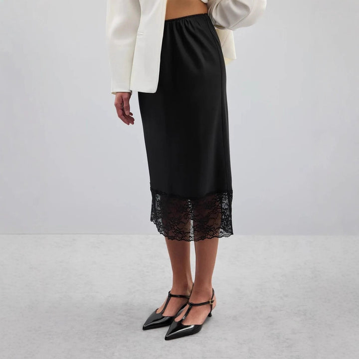 Damen eleganter Satin-Rock mit floralen Spitzenakzenten Drune