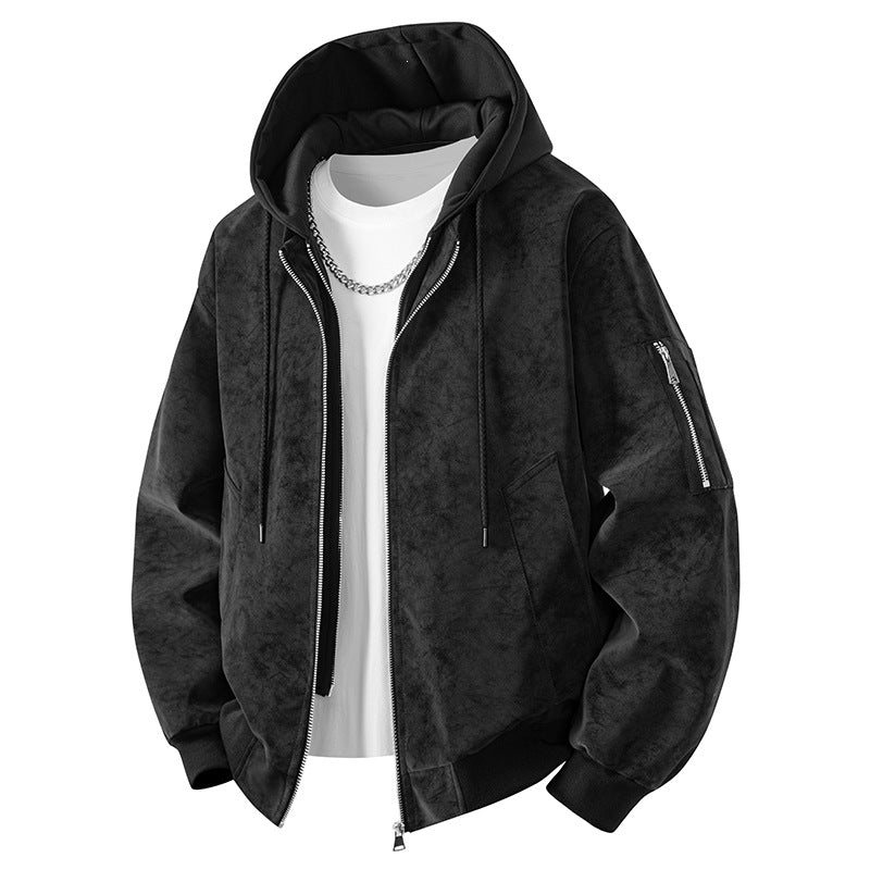 Herren Velours-Imitat Übergangsjacke im Bomberstil mit Stehkragen, Druckknopfleiste & elastischen Bündchen Drune