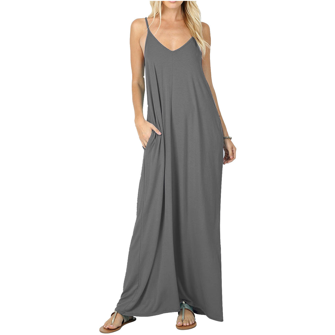 Damen Maxikleid mit verstellbaren Spaghettiträgern und praktischen Taschen Drune