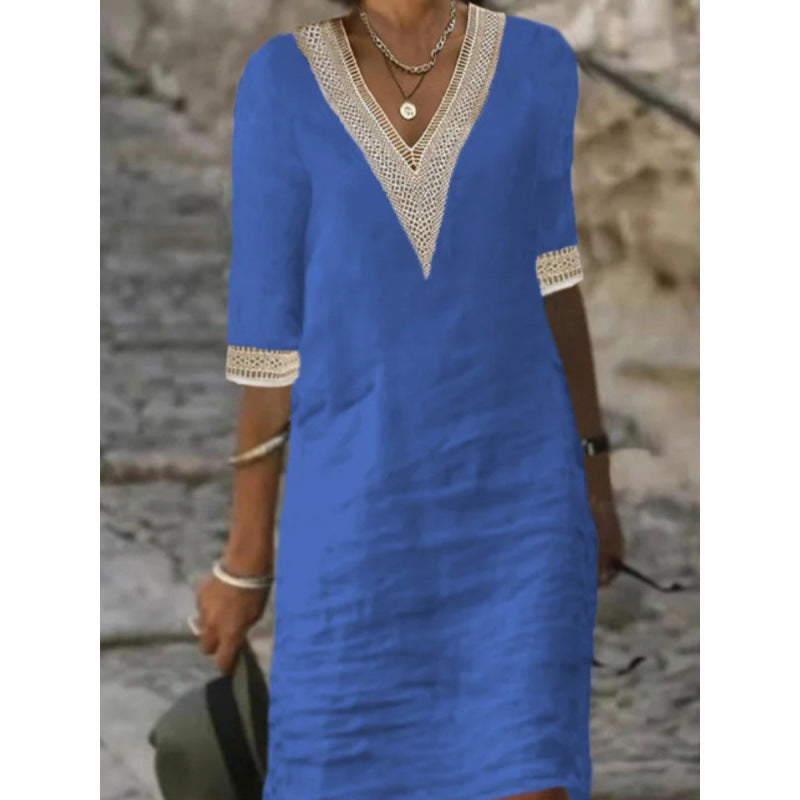 Damen Leichtes Leinen-Midikleid mit V-Ausschnitt und Häkelspitzenbesatz Drune