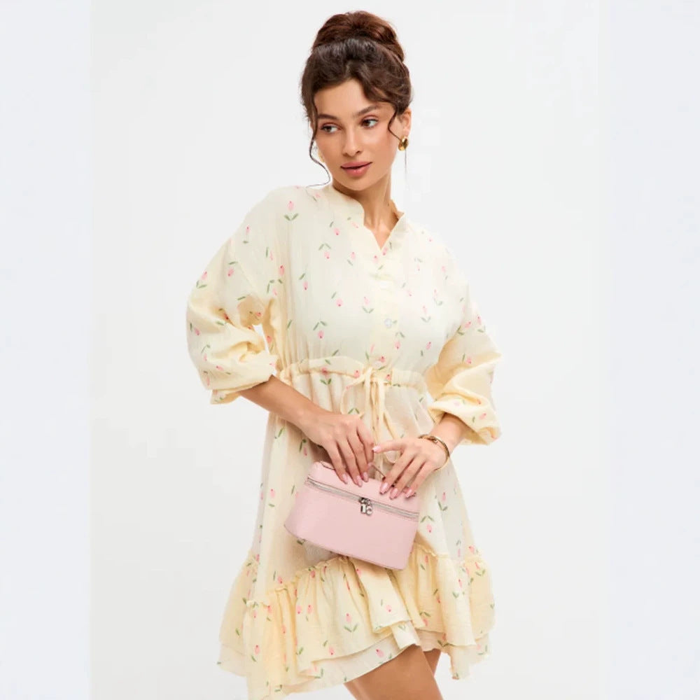 Damen Blumiges Baumwoll-Minikleid mit Taillenschnürung und Volantsaum Drune