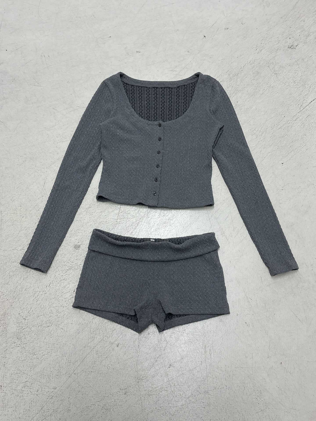 Damen nan geripptes Lounge-Set mit U-Ausschnitt Cropped-Cardigan und Highwaist-Shorts Drune
