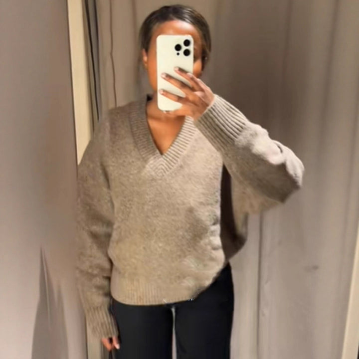 Damen Oversized V-Ausschnitt Strickpullover mit geripptem Saum Drune