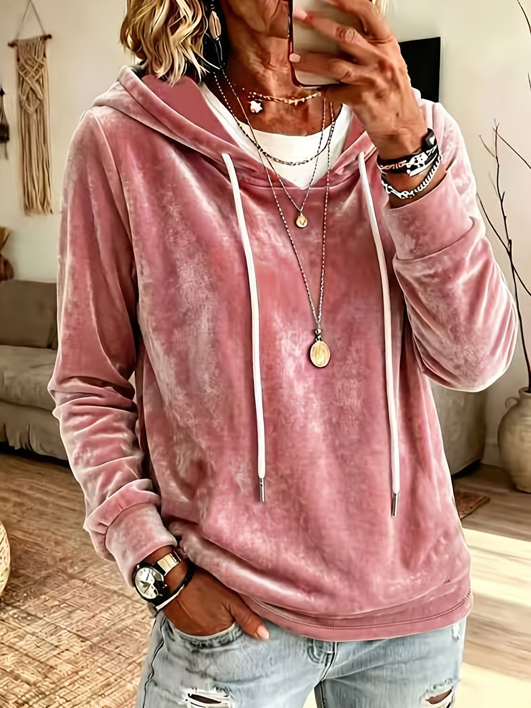 Damen Samt-Kapuzenpullover mit Relaxed-Fit und Kordelzug Drune