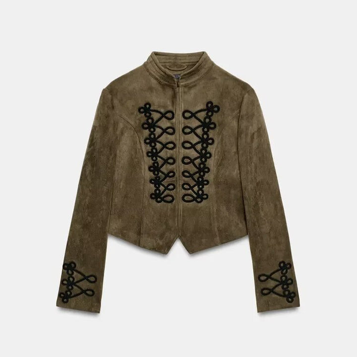 Damen Kurze Velourslederjacke im Military‑Look mit Stehkragen und dekorativen Kordelapplikationen Drune