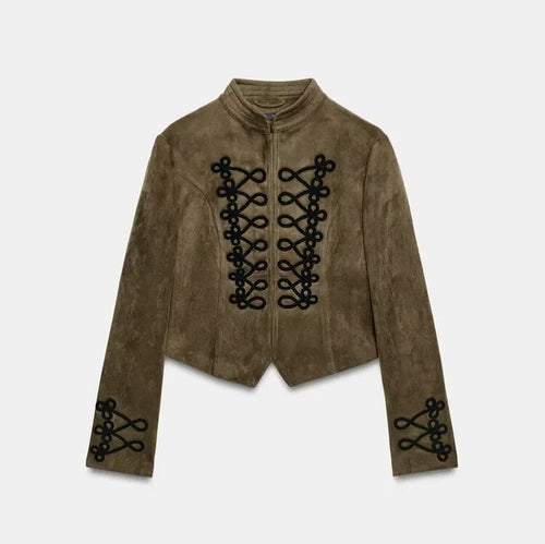 Damen Kurze Velourslederjacke im Military‑Look mit Stehkragen und dekorativen Kordelapplikationen Drune
