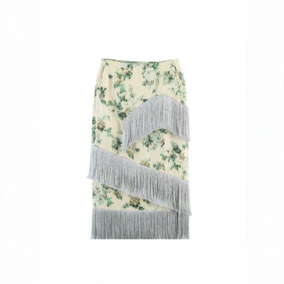 Damen Floral bedruckter Midirock mit diagonalem Fransenbesatz und schlanker Silhouette Drune