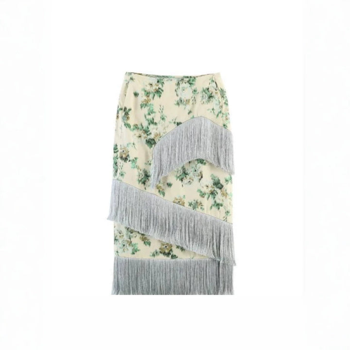 Damen Floral bedruckter Midirock mit diagonalem Fransenbesatz und schlanker Silhouette Drune