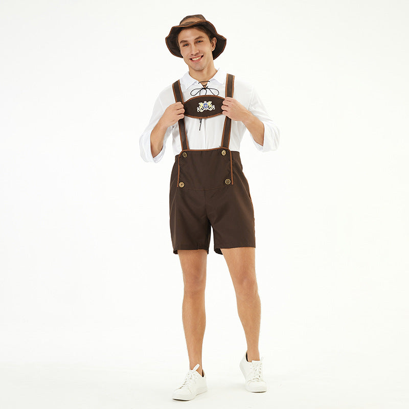 Herren nan traditionelle Kurzlederhose mit verstellbaren Trägern und dekorativem Brustlatz Drune
