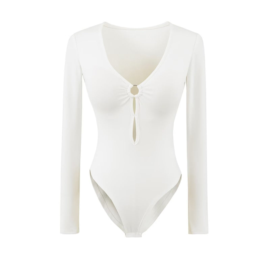 Damen Langarm Bodysuit mit elegantem V-Ausschnitt und dekorativem Ringdetail Drune
