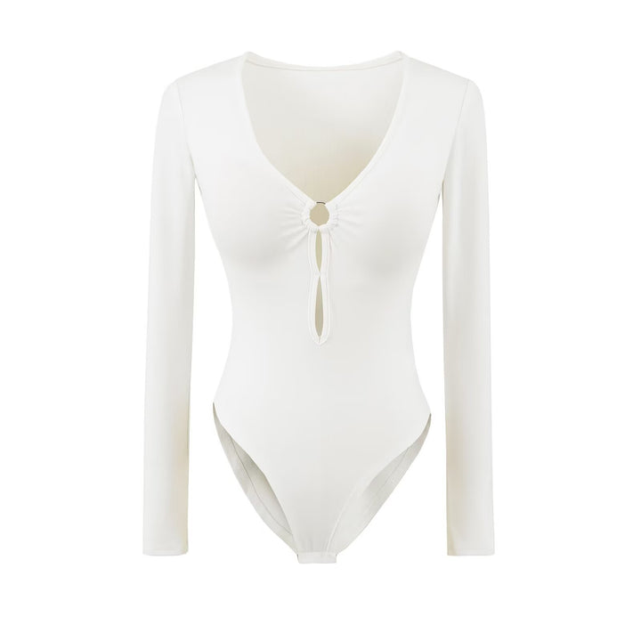 Damen Langarm Bodysuit mit elegantem V-Ausschnitt und dekorativem Ringdetail Drune