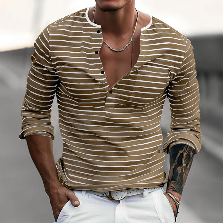 Herren nan gestreiftes Langarmshirt mit kurzer Knopfleiste, Rundhalsausschnitt und dezenter Brusttasche Drune