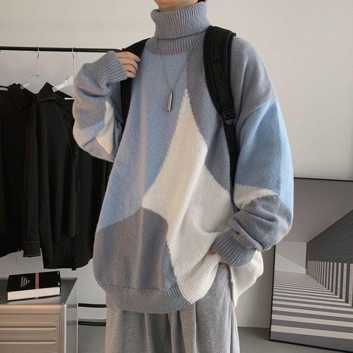 Herren Grobstrickpullover mit hohem Kragen und modernen Farbblocks Drune