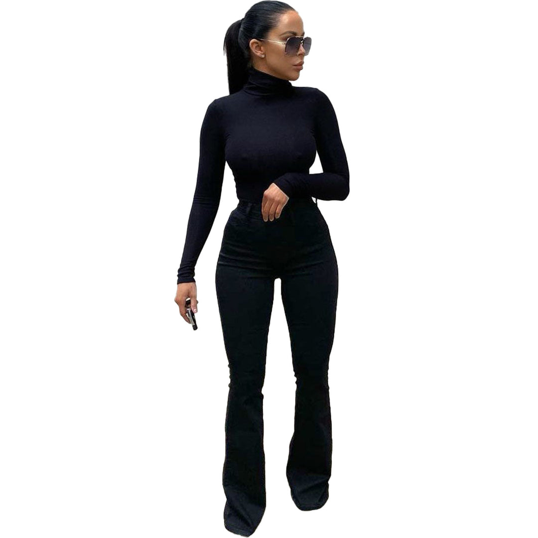 Damen taillenhohe Bootcut-Jeans mit figurformendem Stretch und ausgestelltem Bein Drune
