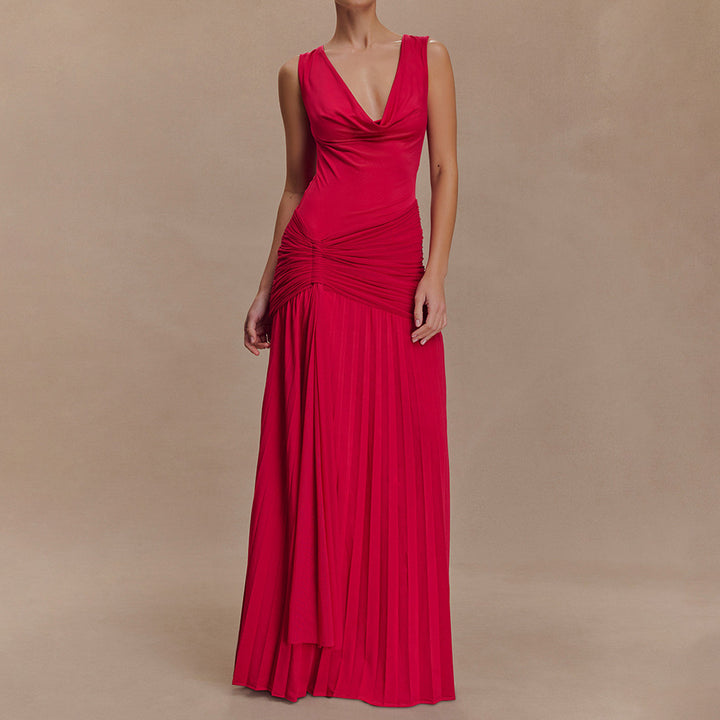 Damen Elegantes Maxikleid mit fließendem Stoff und Raffungen Drune