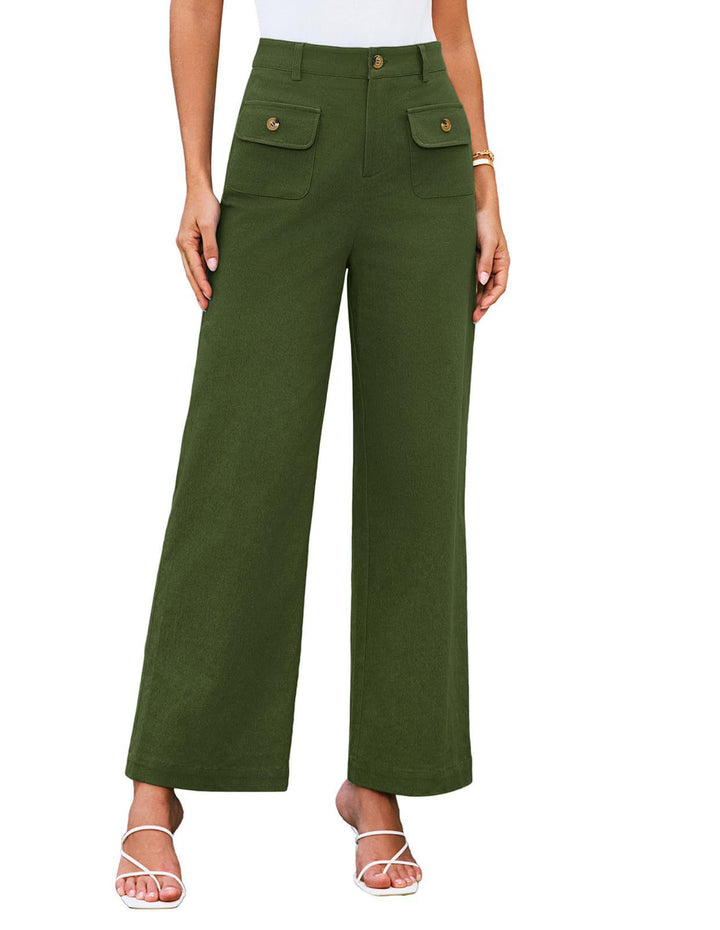 Hochtaillierte Damen-Trousers mit weitem Bein und Knopfklappen-Pattentaschen Drune