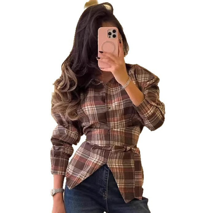 Damen Karo-Bluse mit Puffärmeln und taillierendem Bindegürtel Drune