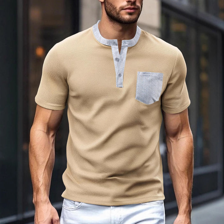 Herren nan atmungsaktives Waffel-Henleyshirt mit Stehkragen kurzer Knopfleiste und aufgesetzter Brusttasche Drune