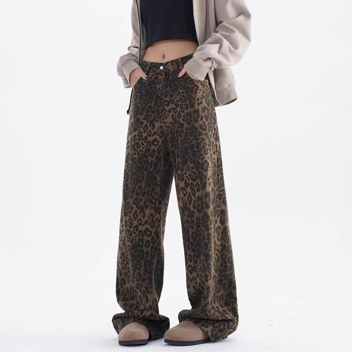 Damen Weite Leoparden-Jeans mit lässigem Schnitt und hoch tailliertem Design Drune