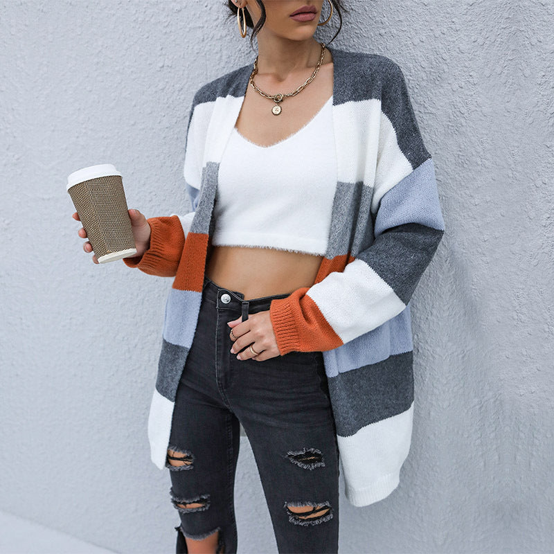 Damen Oversize Strickcardigan mit Blockstreifen und offener Front Drune