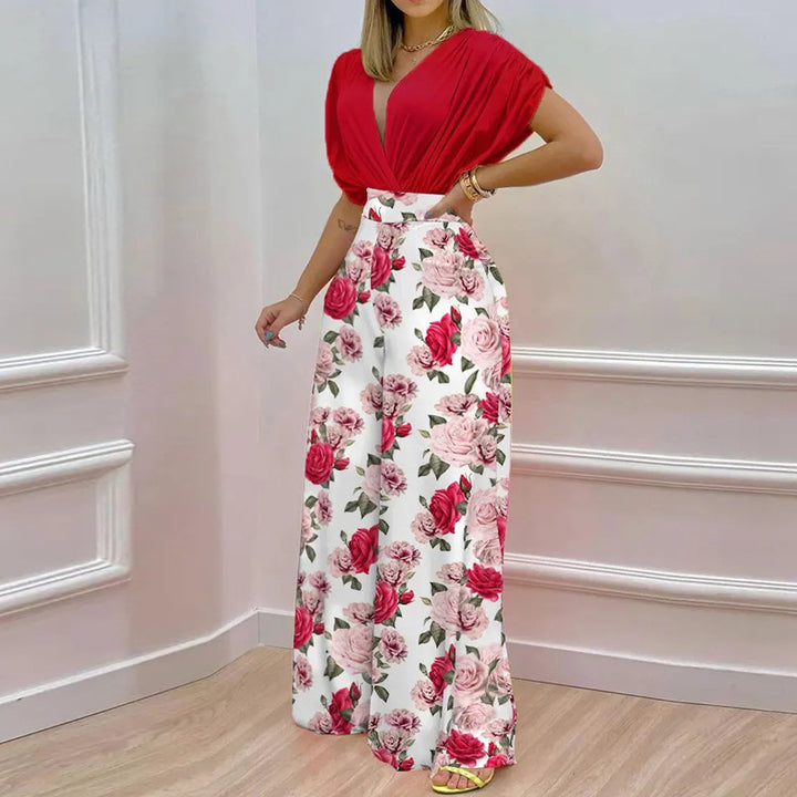 Damen Eleganter Jumpsuit mit tiefem V-Ausschnitt und weit geschnittenen Beinen Drune