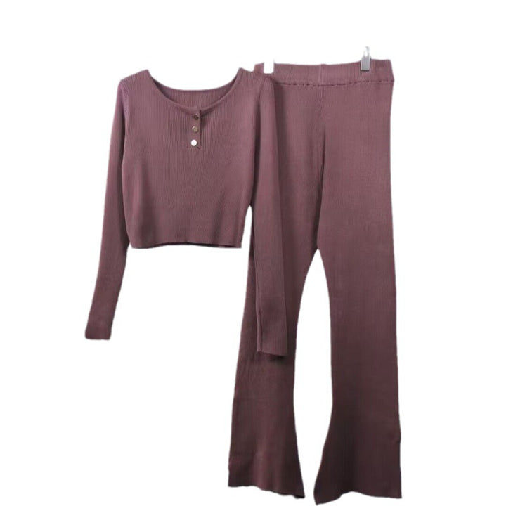 Damen lässiges Strick-Loungewear-Set mit Knopfdetails und weitem Bein Drune