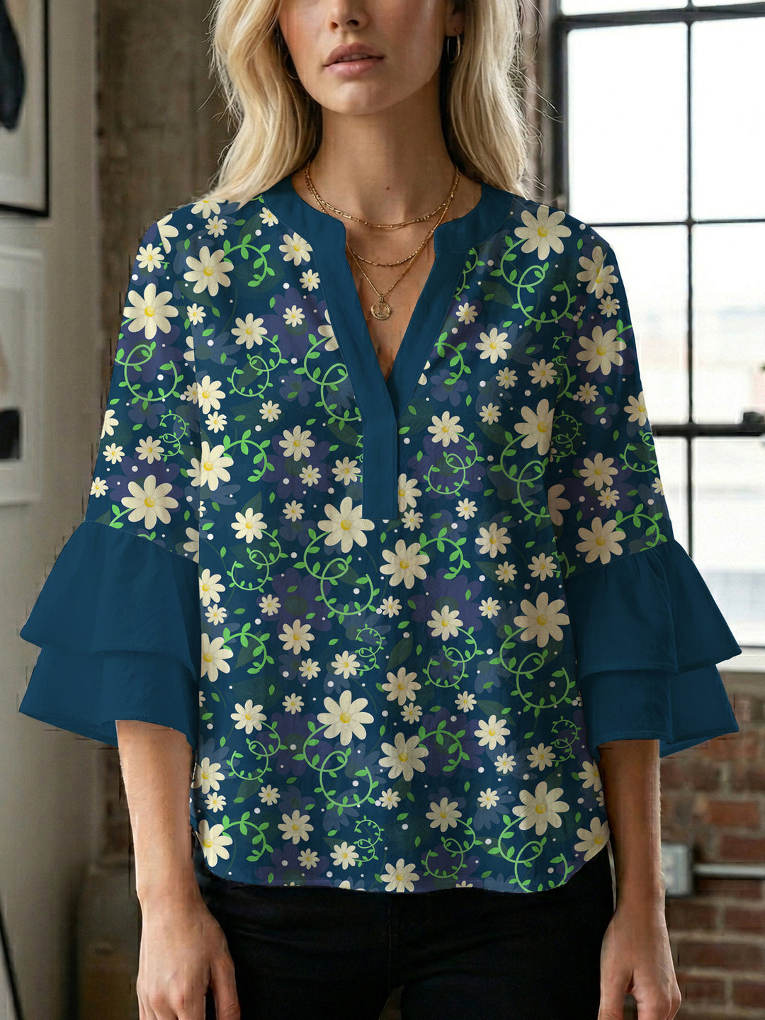 Damen Bluse mit voluminösen Ärmeln und floralem Design Drune