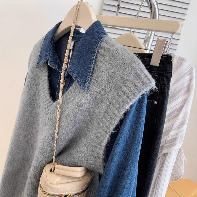 Damen stylischer V-Ausschnitt Strickpullover mit lässigem Denim-Layering Drune