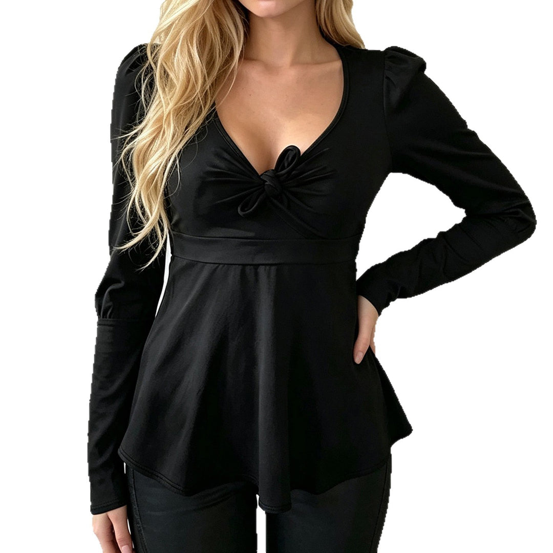 Damen Tailliertes Peplum-Top mit V-Ausschnitt, Knotendetail und Puffärmeln Drune