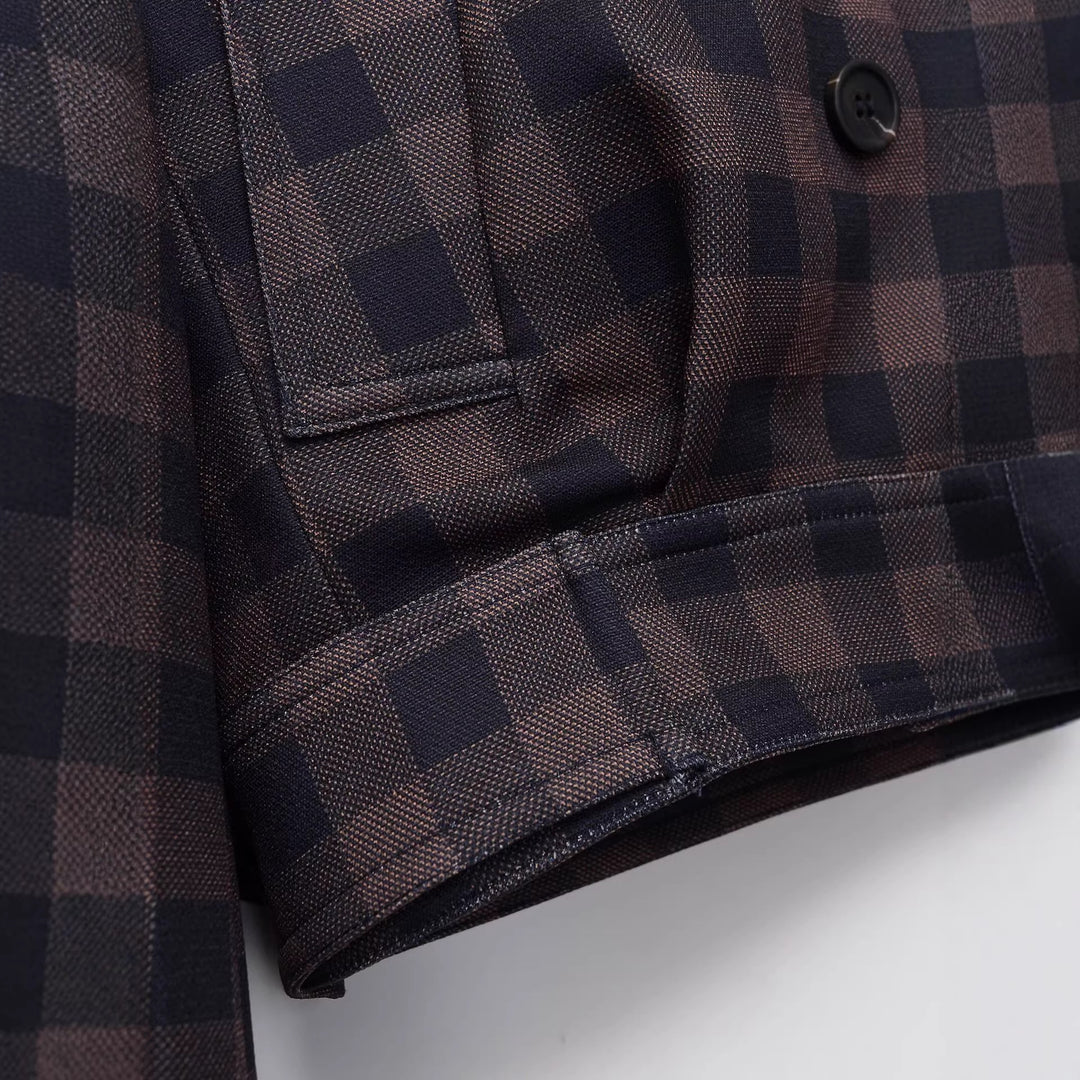 Damen Kurze Doppelreiher-Jacke im Karo-Design mit Reverskragen und Taillenbund Drune