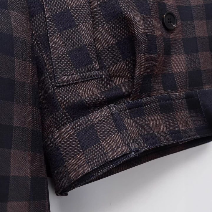 Damen Kurze Doppelreiher-Jacke im Karo-Design mit Reverskragen und Taillenbund Drune