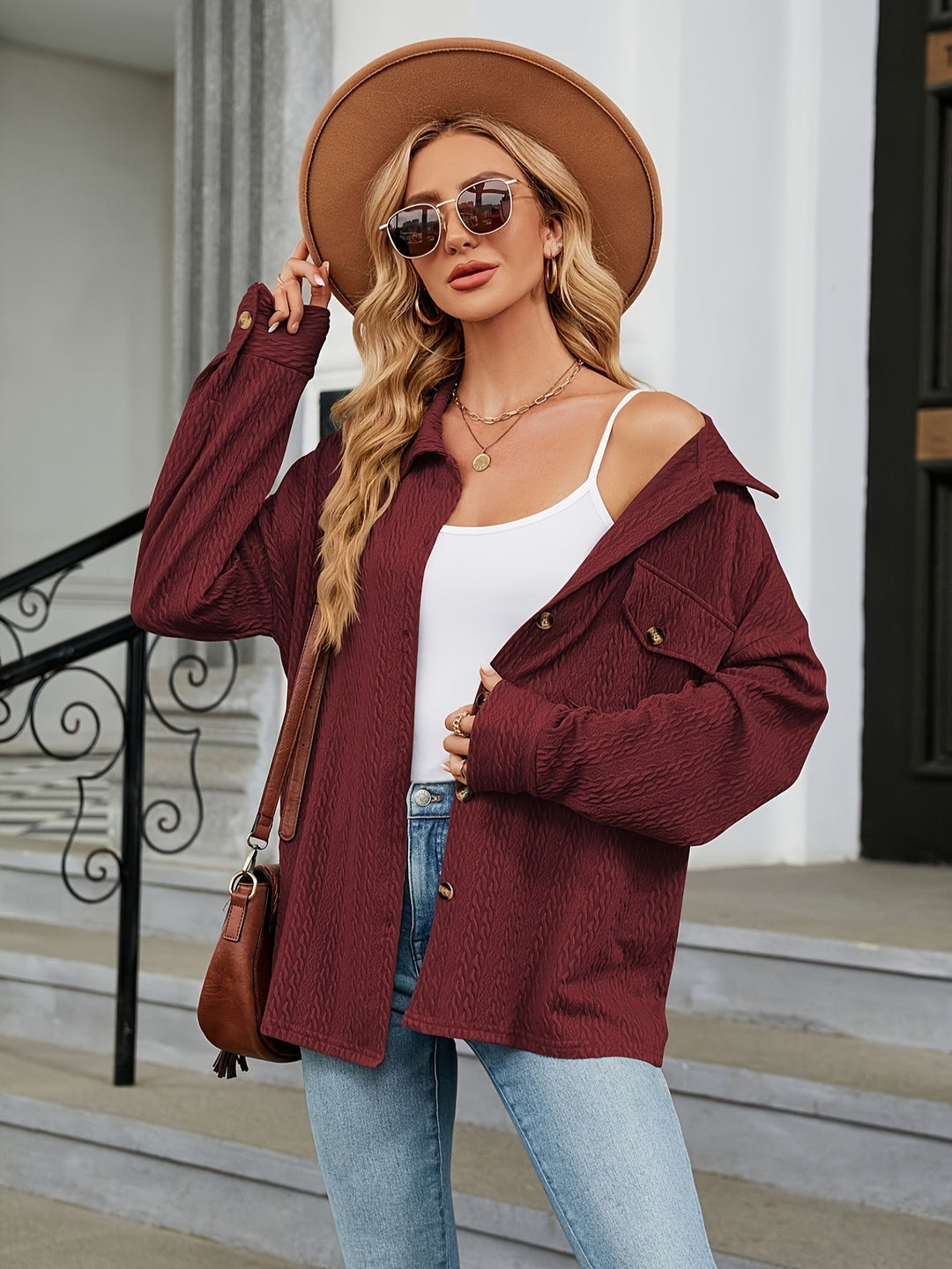 Damen Texturierte Oversize-Hemdjacke mit Pattentaschen Drune
