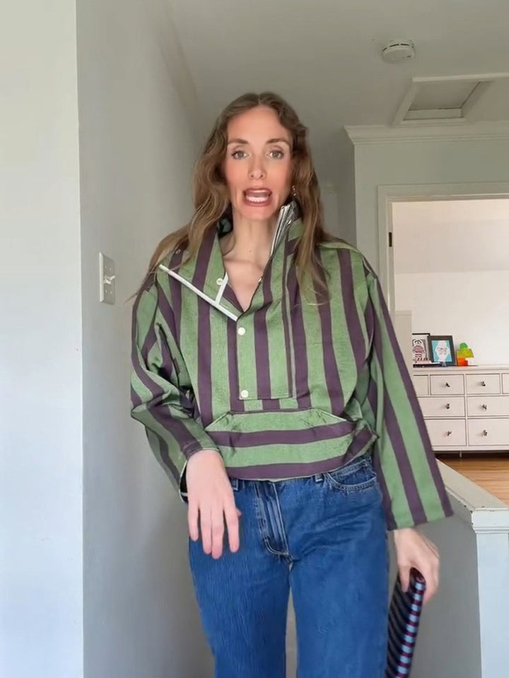 Damen Oversized Streifen-Pullover mit Halbreißverschluss, Stehkragen und Kängurutasche Drune