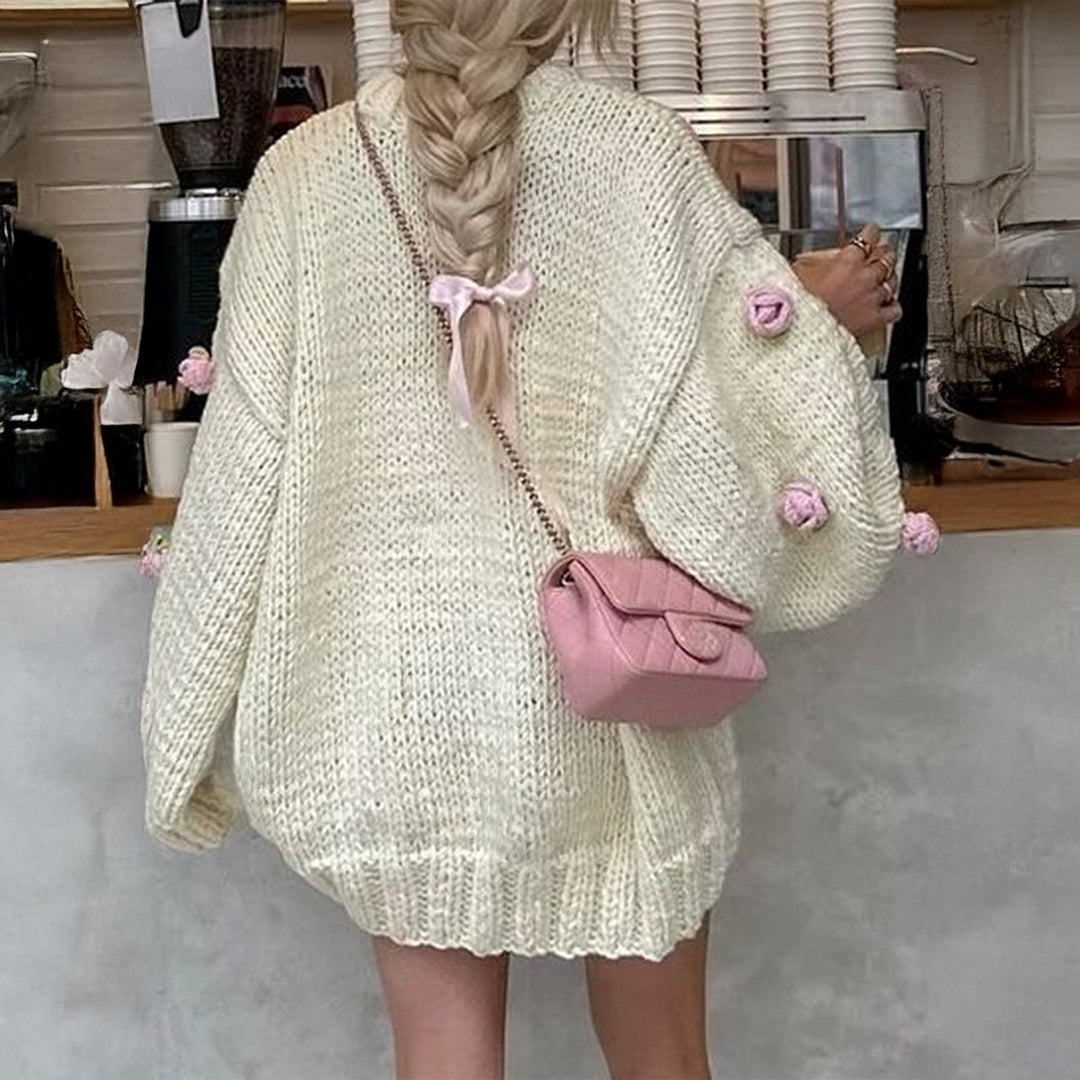 Damen nan Oversize-Strickpullover mit 3D-Blütenapplikationen und weiten Trompetenärmeln Drune