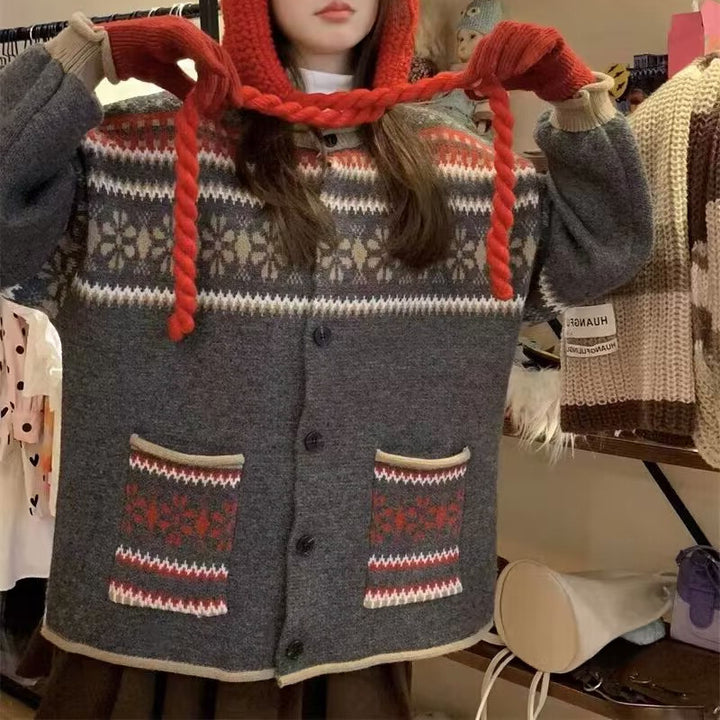 Damen Kuschelige Strickjacke mit Kapuze und dekorativem Muster Drune
