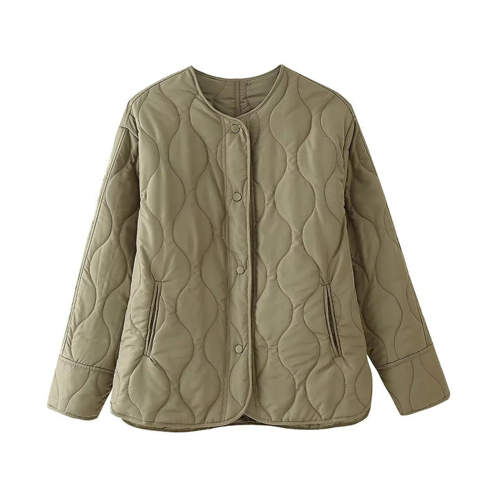 Damen nan leichte wattierte Liner-Jacke mit rundem Ausschnitt, organischer Wellensteppung und verdeckter Druckknopfleiste Drune