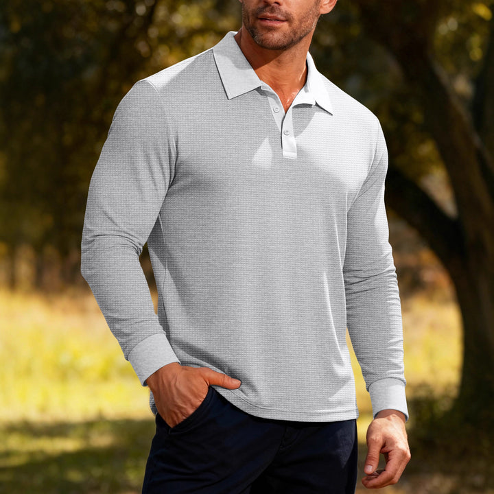 Herren nan Langarm-Poloshirt aus Waffelstrick mit schmaler Passform verdeckter Knopfleiste und Hemdkragen Drune