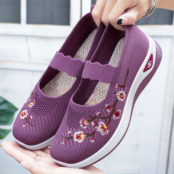 Damen nan bestickter gestrickter Slip-On Sneaker mit Mary-Jane Riemen und stoßdämpfender EVA-Sohle Drune