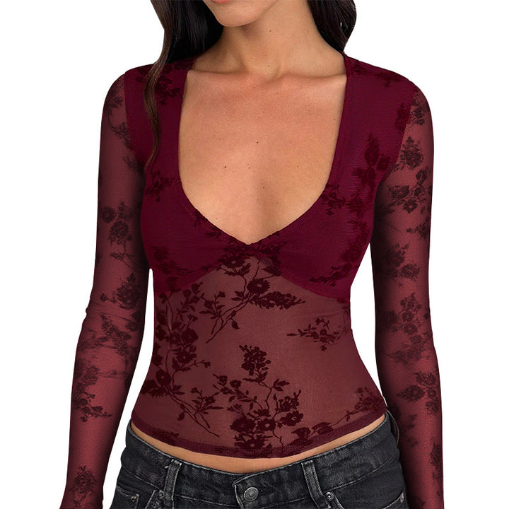 Damen transparente Spitzenbluse mit V-Ausschnitt und langen Ärmeln Drune