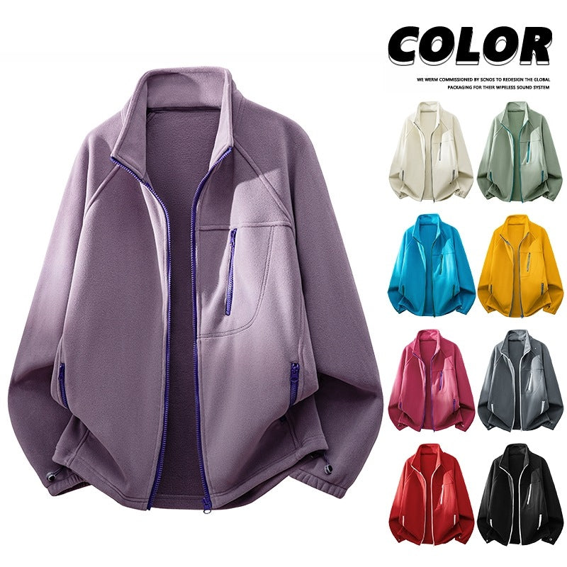 Unisex Leichte Fleecejacke mit Stehkragen, Raglanärmeln und multiplen Reißverschlusstaschen Drune