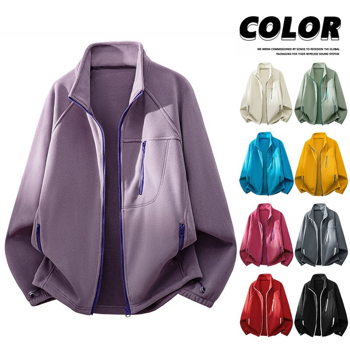 Unisex Leichte Fleecejacke mit Stehkragen, Raglanärmeln und multiplen Reißverschlusstaschen Drune