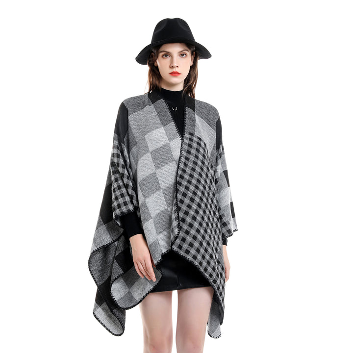 Damen Oversize-Umhang im Karomix aus Wollmix mit Häkelsaum Drune