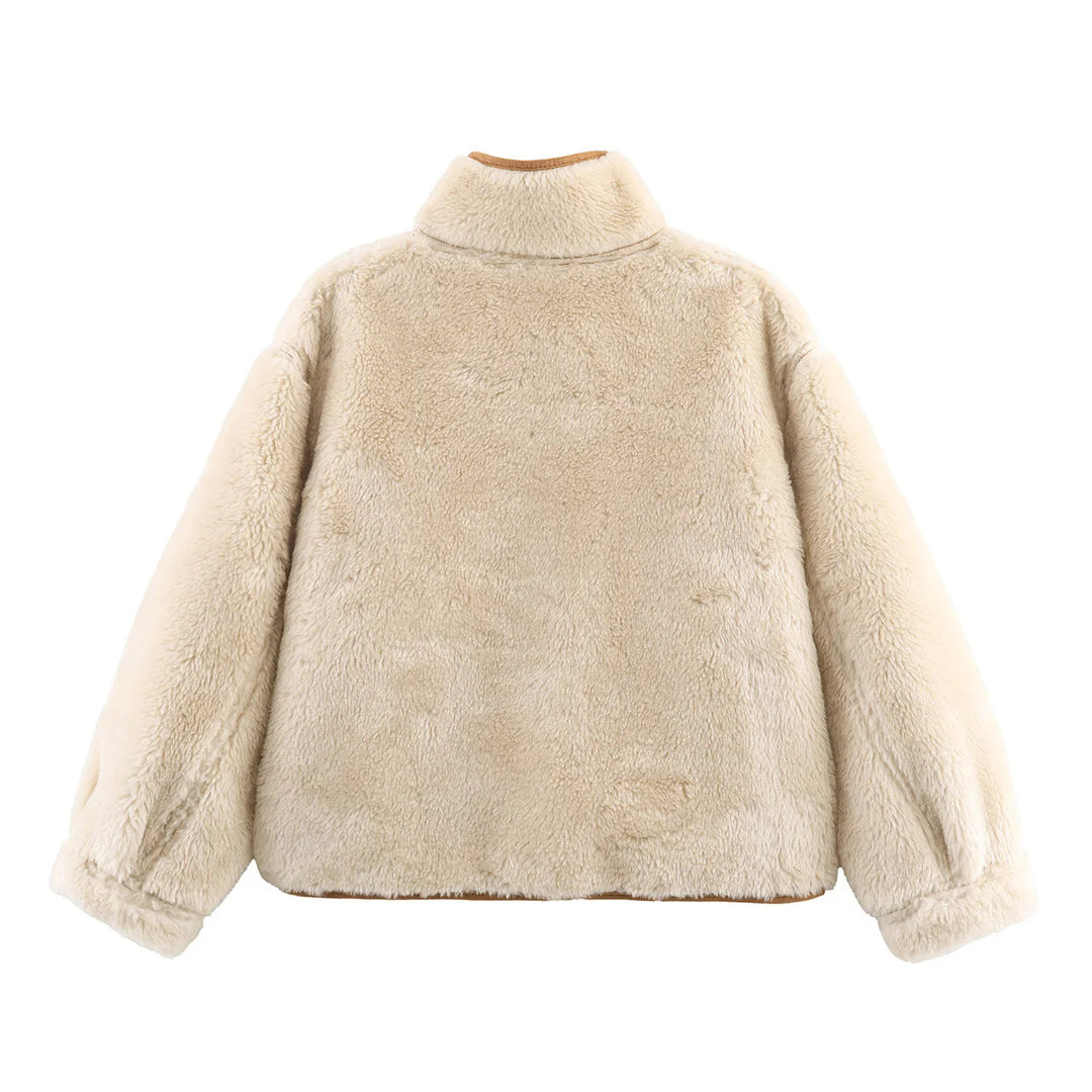 Damen nan kurze Lammfelloptik Jacke mit Stehkragen, weichem Teddyfutter und großzügigen aufgesetzten Taschen Drune