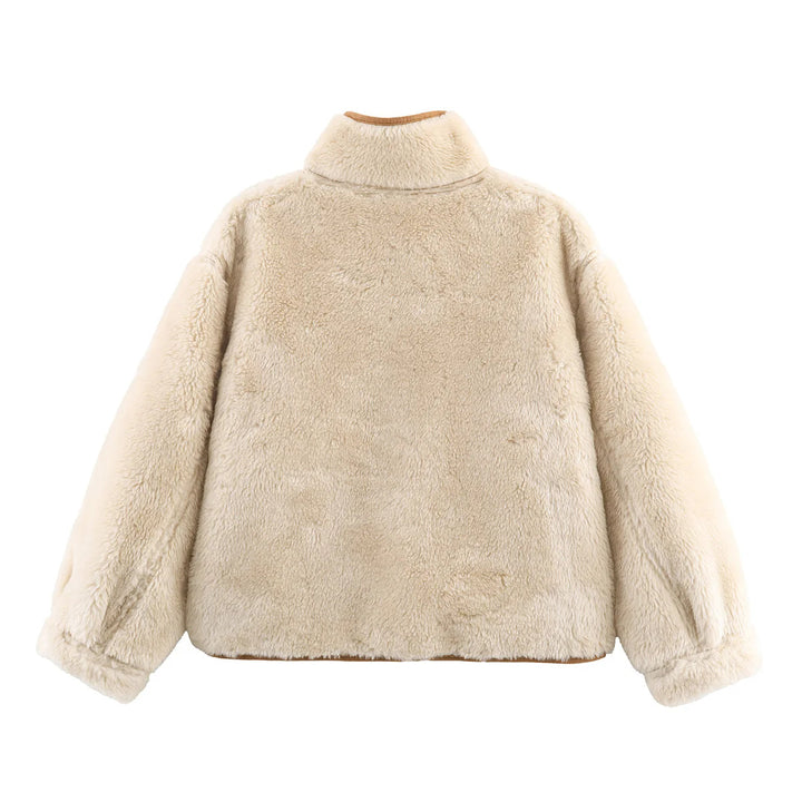 Damen nan kurze Lammfelloptik Jacke mit Stehkragen, weichem Teddyfutter und großzügigen aufgesetzten Taschen Drune