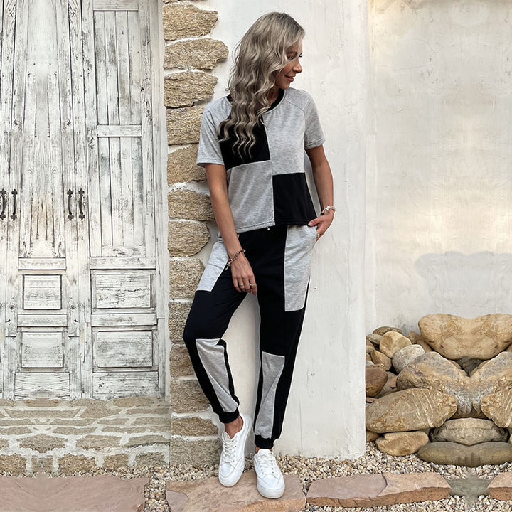 Damen Zweiteiler Freizeit-Set aus Baumwollmix mit Colorblock-Shirt und Jogginghose Drune