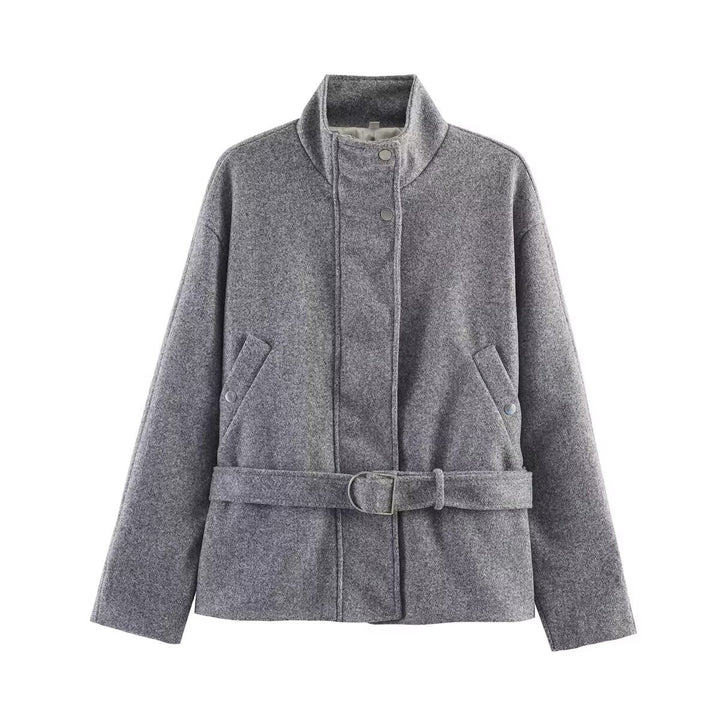 Damen Kurze Wollmix-Übergangsjacke mit Taillengürtel und Stehkragen Drune